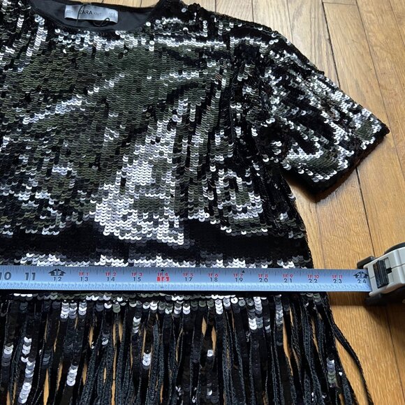 Zara Knit Size S Black Round Neck Short Sleeve Sequin Fringe Hem Top NWT - Picture 13 of 16